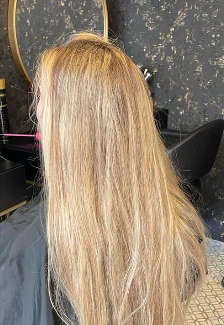 Avant : cheveux blonds longs et lisses
