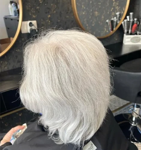Avant : cheveux gris mi-longs