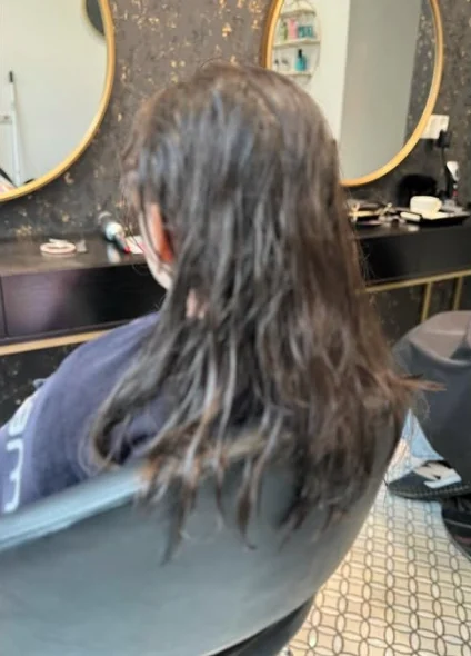 Avant : cheveux longs détachés, encore humides, au salon